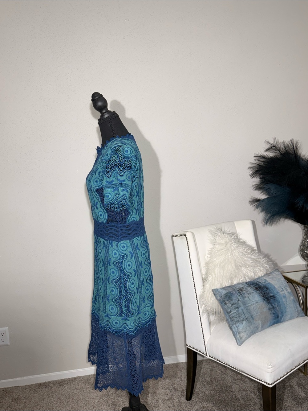 Sea New York Teal Navy Lace Mini Dress Size 8 Crochet Asymmetrical Boho Cocktail - Picture 6 of 11